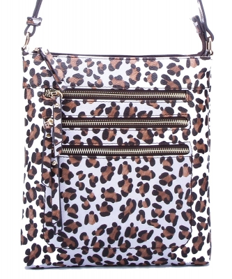 White Leopard Multi Zipper Crossbody Bag LE093 TAN